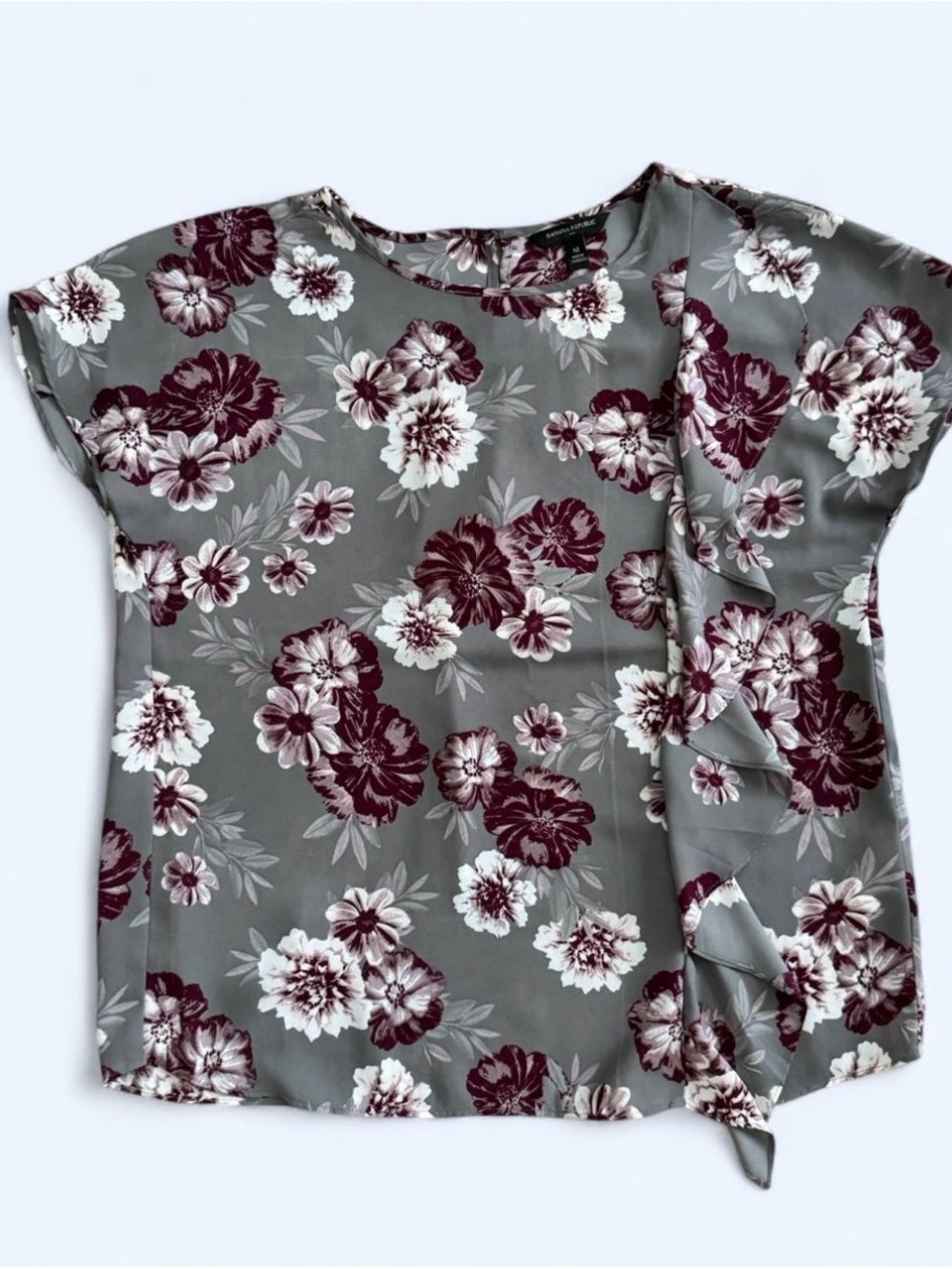 Banana Republic Floral Ruffle Short-Sleeve Blouse in Gray and Burgundy